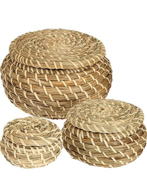 Vera Concept Store 3'lü Deniz Yosunu Sepeti, Kapaklı Küçük Yuvarlak Hasır Sepet Seti, Raf, Ev, Banyo Dekorasyonu Için Küçük El Yapımı Rattan Saklama Sepeti Kutusu