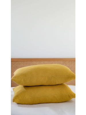 Vera Concept Store 4 Katlı Müslin Yastık KILIFI,%100 Pamuk, 50X70 Cm, 2'li Set, Nefes Alabilir, Düz Renk, Yatak Odası Için (Hardal)