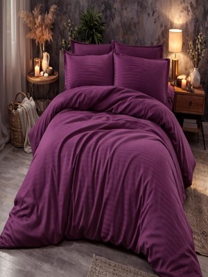 Vera Concept Store Vionetta Pamuk Saten Mürdüm Çizgili Otel Serisi Lastikli Çarşaflı Tek Kişilik Nevresim Takımı