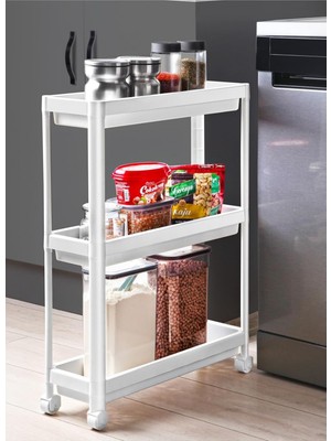 Vera Concept Store Tekerlekli Raf Ünitesi 3 Katlı Banyo Rafı Mutfak Rafı Servis Sehpası Organizer, Beyaz