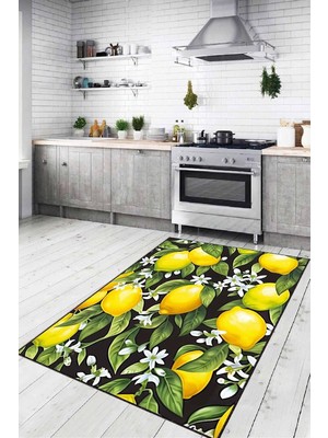 Vera Concept Store Kaymaz Tabanlı Yıkanabilir Limonlu Mutfak Halısı Yolluk VH109, Siyah, 200 x 270