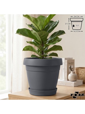 Vera Concept Store Tabaklı Delikli Plastik Çiçek Saksısı, 24 cm 5.5 Lt, 1 Adet, Antrasit
