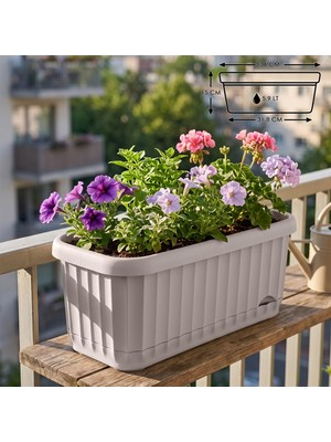 Vera Concept Store Askılı Sütun Balkon Saksı Çizgi Desenli Hazneli Mat Plastik Saksı (Bej Askısız, 5.9 Litre)