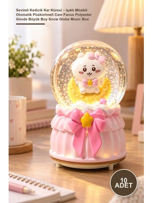 Yenilig 10 Adet Sevimli Kedicik Kar Küresi – Işıklı Müzikli Otomatik Püskürtmeli Cam Fanus Polyester Gövde Büyük Boy Snow Globe Music Box