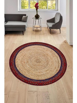 Vera Concept Store Carmine CARPET(1899) Dijital Baskılı Dekoratif Yıkanabilir Yuvarlak Kaymaz Taban Halı Krem 80 x 80