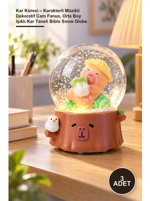 Yenilig 3 Adet Kar Küresi – Karakterli Müzikli Dekoratif Cam Fanus, Orta Boy Işıklı Kar Taneli Biblo Snow Globe