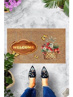 Vera Concept Store Theclouds Dijital Baskılı Welcome Yazılı Çiçek Sepeti Desenli Dekoratif Kapı Önü Paspası, Kahverengi
