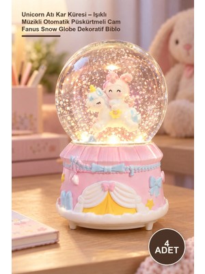 Yenilig 4 Adet Unicorn Atı Kar Küresi – Işıklı Müzikli Otomatik Püskürtmeli Cam Fanus Snow Globe Dekoratif Biblo