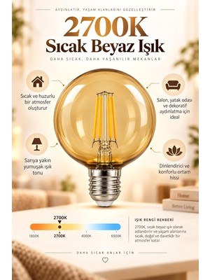 Vera Concept Store G95 Dimmerli Rustik Gün Işığı 2700K Amber LED Ampul Filament E27 Duylu Filamanlı Edison Ampül