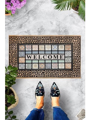 Vera Concept Store Theclouds Dijital Baskılı Welcome Yazılı Taş Desenli Dekoratif Kapı Önü Paspası, Kahverengi