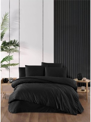 Vera Concept Store Pamuk Saten Çizgili Nevresim Takımı Çift Kişilik Siyah 200 x 230