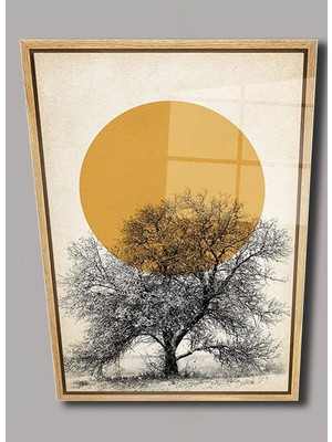 Vera Concept Store Camdan Tablo Ahşap Çerçeve Desenli Minimalist Ağaç ve Güneş Tasarımlı Duvar Dekoru Cam Tablo (110X70 Cm)