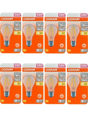 Vera Concept Store LED Ampul, 6,5W (60W), 2700K Sarı Işık, Dim Edilebilir, E27 Duy, Şeffaf, 8 Adet