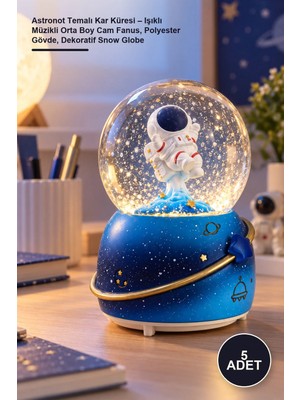 Yenilig 5 Adet Astronot Temalı Kar Küresi – Işıklı Müzikli Orta Boy Cam Fanus, Polyester Gövde, Dekoratif Snow Globe
