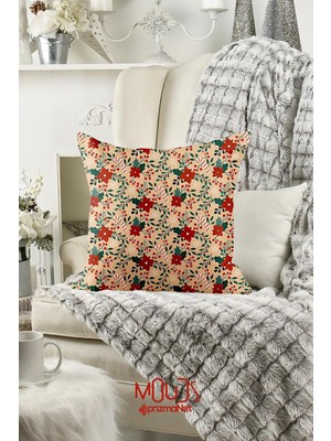 Vera Concept Store Çift Tarafı Baskılı Kokina Çiçeği Yılbaşı Desenli Kırlent Kılıfı Süet Yeni Yıl - PL1129