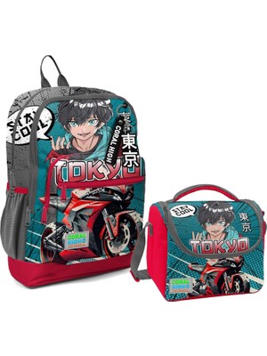 Vera Concept Store Dört Bölmeli Erkek Çocuk Okul Sırt Çantası ve Beslenme Seti - Gri Nefti Anime Motorsiklet
