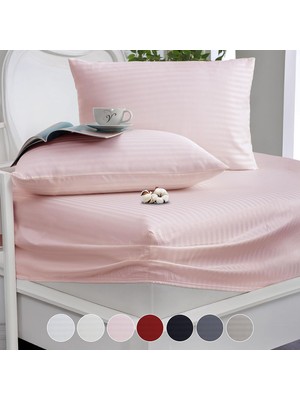 Vera Concept Store %100 Pamuk, Çizgili Saten Lastikli Çarşaf Seti | 82 Tel Sık Dokuma | Tek Kişilik | Çift Kişilik | Battal Boy (Pembe, 180X200)