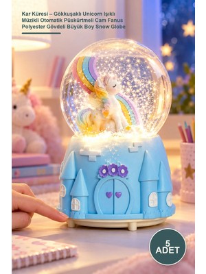 Yenilig 5 Adet Kar Küresi – Gökkuşaklı Unicorn Işıklı Müzikli Otomatik Püskürtmeli Cam Fanus Polyester Gövdeli Büyük Boy Snow Globe
