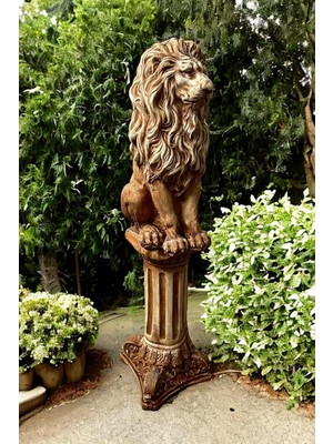 Vera Concept Store Dekoratif 53CM Eskitme Kahverengi Sütun ve Aslan Set Heykel Ev Balkon Bahçe Dekorasyon Bohem Biblo