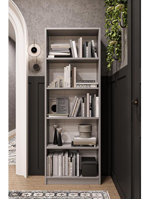 Vera Concept Store Asra Trend Kül Gri K002 5 Raflı Kitaplık 56 cm Genişlik Dar Alan Uyumlu Modern KÜTÜPHANE%100 Mdflam Dekoratif Raf Ünitesi