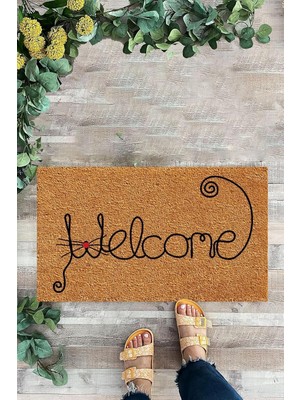 Vera Concept Store Karmat Kedili, Welcome, Iç ve Dış Kapı Önü Paspası, Dekoratif Paspas Siyah-45 x 70