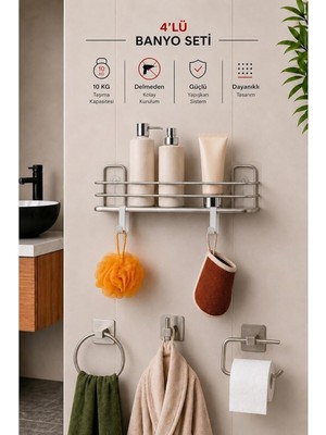 Vera Concept Store Banyo Düzenleyici Set 4 Parça Yapışkanlı Şampuanlık Tuvalet Kağıtlığı Havluluk Askı Tss-01 Krom, Krom
