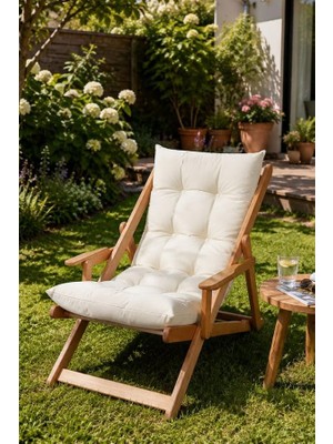Vera Concept Store Bysay Puf Minderli Ahşap Kademeli Kollu Şezlong Bahçe&balkon&teras&plaj Katlanır Şezlong Naturel Krem