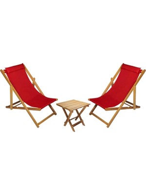 Vera Concept Store Ahşap Katlanabi̇li̇r Taşinir Şezlong. Plaj, Bahçe, Teras, Balkon Şezlongu. 3 Lü Set (Kirmizi)