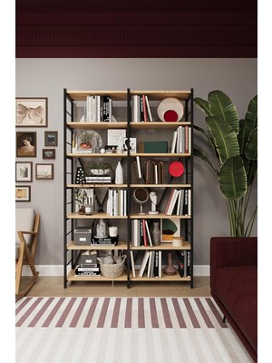 Vera Concept Store Asra Trend Safir Meşe Desen METALK02 6 Raflı Ikili Metal Kitaplık 110 cm Genişlik Endüstriyel Modern KÜTÜPHANE%100 Mdflam Raf Ünitesi