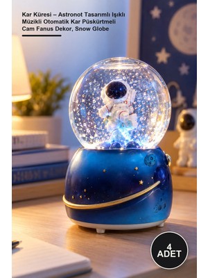 Yenilig 4 Adet Kar Küresi – Astronot Tasarımlı Işıklı Müzikli Otomatik Kar Püskürtmeli Cam Fanus Dekor, Snow Globe