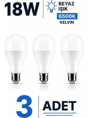 Vera Concept Store 18W E27 LED Ampul 6500K Beyaz Işık 3 Adet Yüksek Aydınlatma Lamba