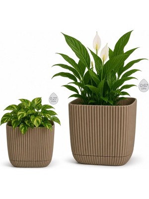 Vera Concept Store Mercan Kare Saksı Seti 0,27 Litre + 0,67 Litre, Iç Mekan - Dış Mekan 2li Ekonomik Gizli Su Hazneli Plastik Saksı Set Kahve Renk
