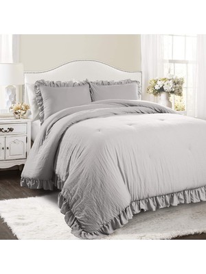 Vera Concept Store Açık Gri Reyna Yorgan Fırfırlı 3 Parça Set Yastık Kılıfı King Size Yatak