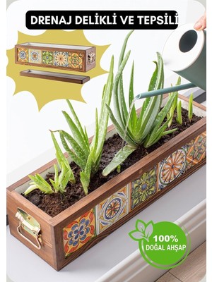 Vera Concept Store El Yapımı 5 Meksika Çinili Dekoratif Modern Ahşap Dikdörtgen Kaliteli Bahçe Balkon Saksı Saksılık