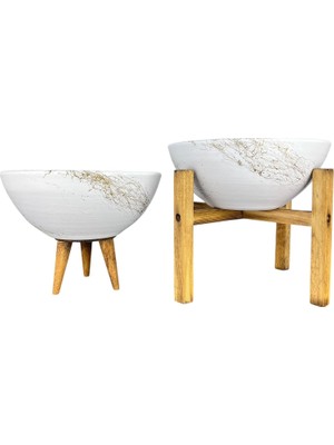 Vera Concept Store Bitki Tasarımı Ev Dekorasyon Beyaz Üzeri Gold Mermer Efektli Aranjman Sunumluk Toprak Saksı 3-4 Ayaklı Ikili Set 20 cm Çap