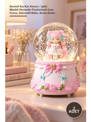 Yenilig 2 Adet Sevimli Kız Kar Küresi – Işıklı Müzikli Otomatik Püskürtmeli Cam Fanus, Dekoratif Biblo, Snow Globe
