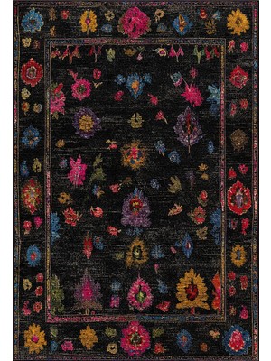 Vera Concept Store Dijital Baskı Pamuk Dokuma Kaymaz Taban Salon Halısı – Antre, Koridor ve Oda Için, Siyah-Çok Renkli, 120 x 180 Zhl-22