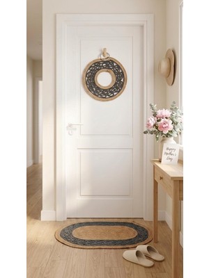 Vera Concept Store 40 cm El Yapımı Jüt Kapı Çelengi Örme Desenli Hasır Karşılama Paspası Takımı Dekoratif Iç Mekan ve Kapı Girişi Halısı (Hasır- Antrasit, 55 × 75 Cm)