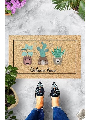 Vera Concept Store Theclouds Dijital Baskılı Welcome Home Yazılıı Ayı Saksılı Çiçek Desenli Dekoratif Kapı Önü Paspası, Beyaz-Kahve
