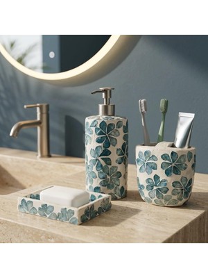 Vera Concept Store El Yapımı Sedef Banyo Seti, Sabunluk, Dispenser ve Diş Fırçalık