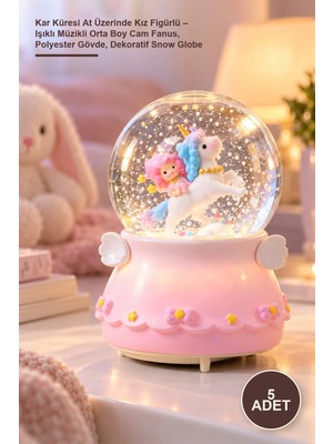 Yenilig 5 Adet Kar Küresi At Üzerinde Kız Figürlü – Işıklı Müzikli Orta Boy Cam Fanus, Polyester Gövde, Dekoratif Snow Globe
