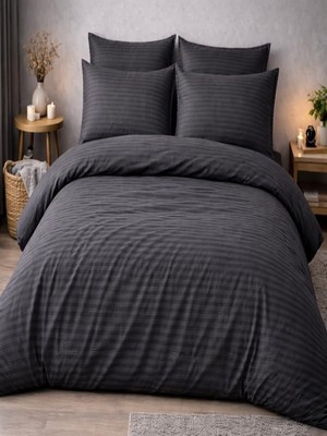 Vera Concept Store Vionetta Pamuk Saten Antrasit Çizgili Otel Serisi Lastikli Çarşaflı Çift Kişilik Nevresim Takımı
