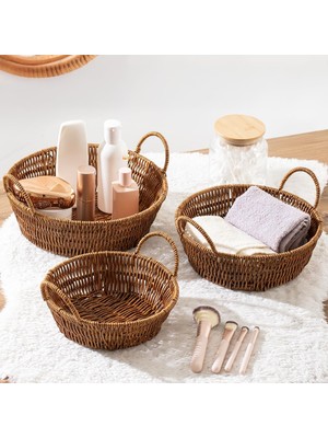 Vera Concept Store 304-C Yuvarlak 3'lü Hasır Sepet Dekoratif Ev Düzenleyici Kendinden Kulplu Hasır Sepet Seti Banyo Düzenleyici Sepet