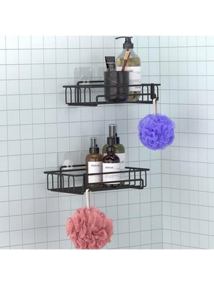 Vera Concept Store Banyo Düzenleyici Yapışkanlı Metal Banyo ve Dolap Rafı Ikili Duş Rafı Organizer Şampuanlık Mat SIYAH-GNRL242