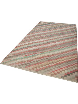 Vera Concept Store 152X288 cm Kareli Kilim Bej Kareli Yün El Dokuma Modern Geometrik Etnik Eskitme Desenli Boho Oturma Odası Salon Yolluk Koridor Mutfak Halısı