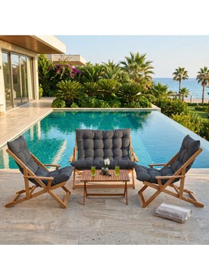 Vera Concept Store Ahşap Katlanabilir Taşinir Puf Minderli Kollu Şezlong Plaj Bahçe Teras Balkon Sandalyesi Koltuğu Takimi 4 Lü Set (Antrasi̇t)