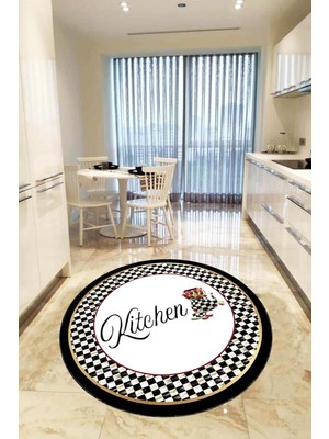 Vera Concept Store Kaymaz Tabanlı Makinede Yıkanabilir Çiçekli Mackenzie Yuvarlak Mutfak Halısı AR434, Siyah, 160 x 160