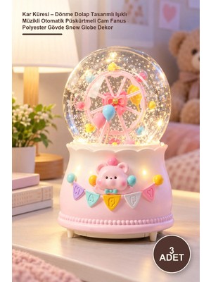 Yenilig 3 Adet Kar Küresi – Dönme Dolap Tasarımlı Işıklı Müzikli Otomatik Püskürtmeli Cam Fanus Polyester Gövde Snow Globe Dekor