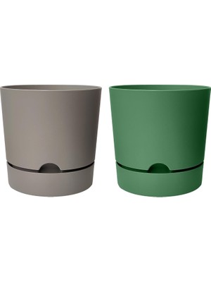 Vera Concept Store Begonya Saksı Tabaklı Drenajlı Mat Plastik Çiçek Saksısı (2 Adet, 3,3 Litre, 18CM, Bej&yeşil)