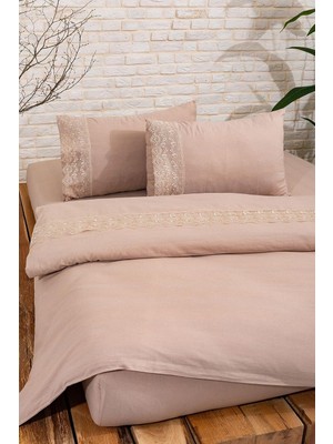 Vera Concept Store A Vintage KAHVERENGI%100 Pamuk Nakışlı Çift Kişilik Çarşaflı Nevresim Takımı Kahverengi 200 x 220